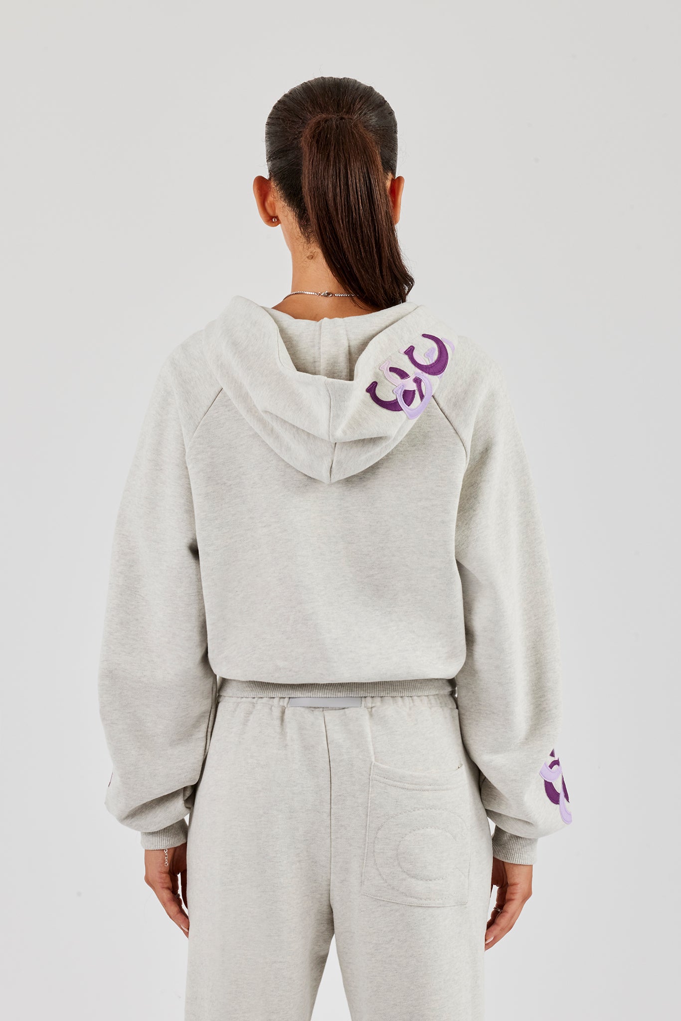 Cropped Layered Applique Zip Hoodie - Ash Grey